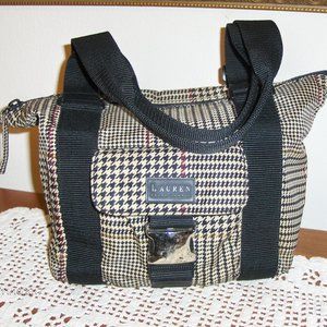 Lauren Ralph Lauren Satchel Black Beige Nylon Houndstooth Purse Shoulder Bag Tot